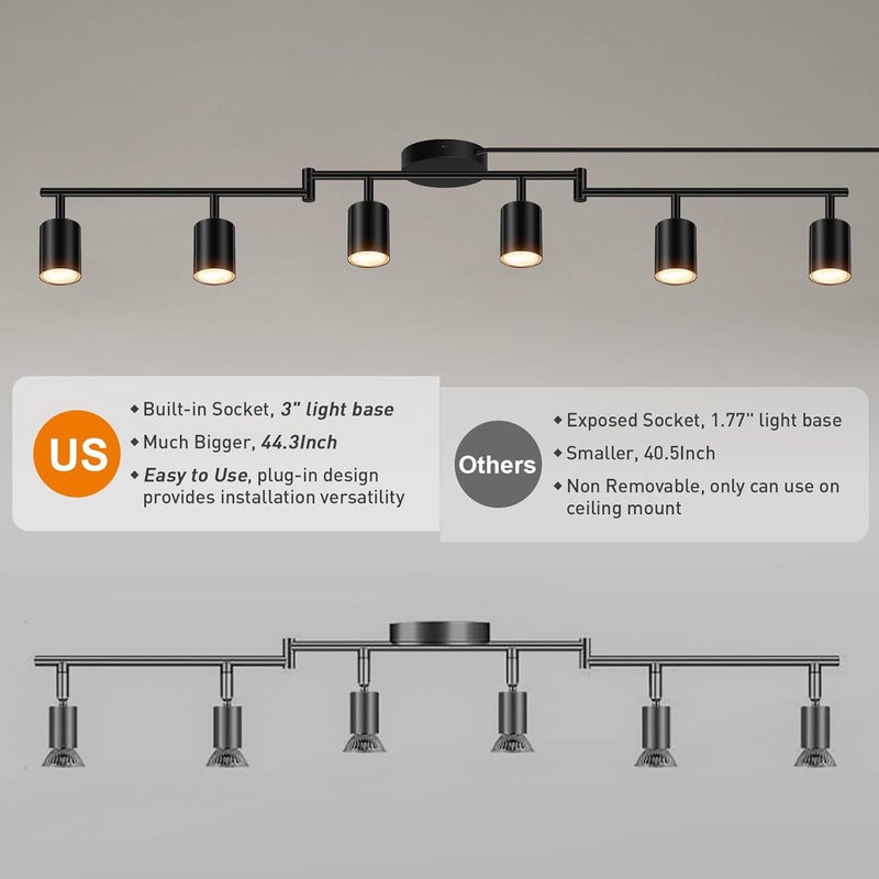 AUQUEE Plug in Track Lighting, LED Track Lighting Fixtures Ceiling, Black 6-Light Kitchen Light Kit, Plug in Wall Light with 14.8ft Power Cord, Rotatable Ceiling Spotlight for Bedroom(GU10 Socket, NO Bulb) - Image 5
